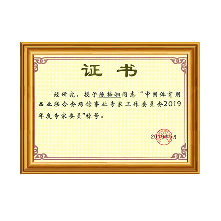 中國體育用品業(yè)聯(lián)合會(huì)場館事業(yè)專家工作委員會(huì)2019年度專家委員稱號 - 戴思樂科技集團(tuán)有限公司